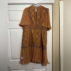 ASOS Pleated Lace Overlay Midi Dress in Caramel